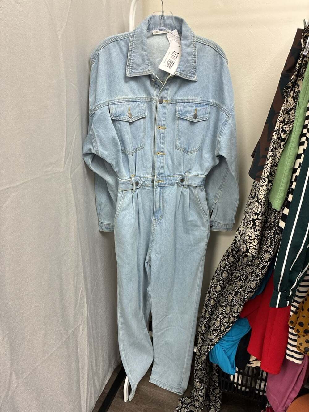 12th Tribe Hendrix Denim Jumpsuit Size ML Blue Long Sleeve Belted Romper